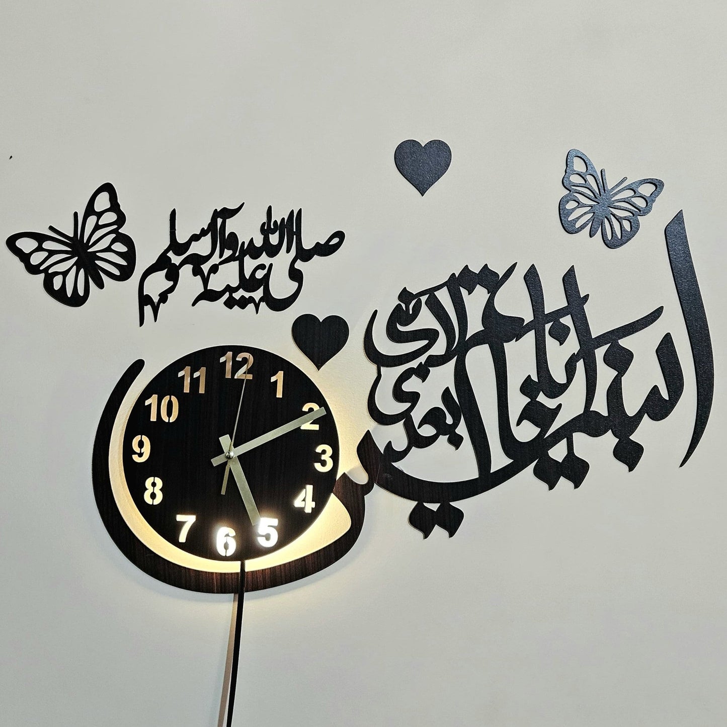 Ana Khatmun Nabiyein & Butterfly Hearts Wooden Wall Clock